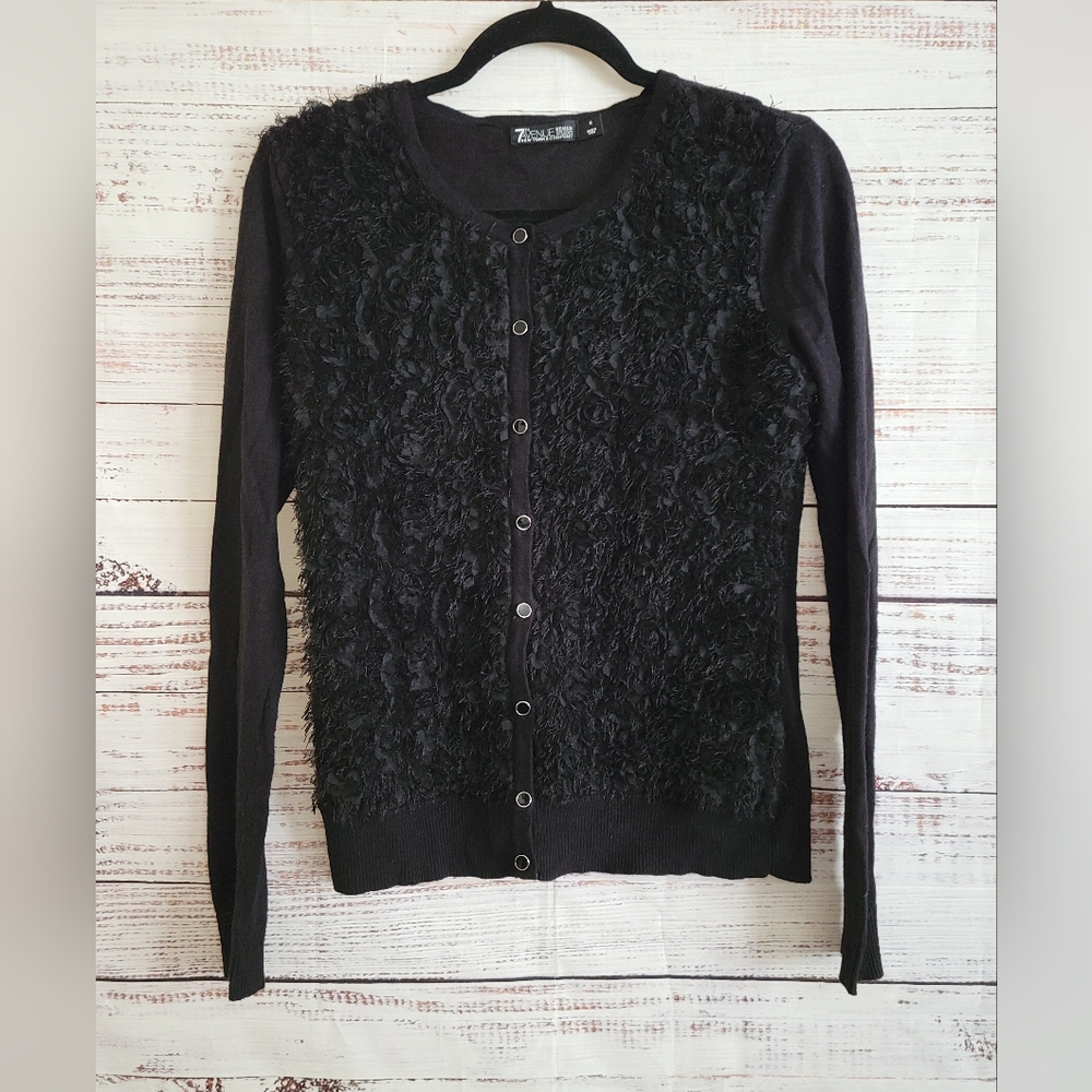 7th Avenue Design S ruffle front black cardigan
